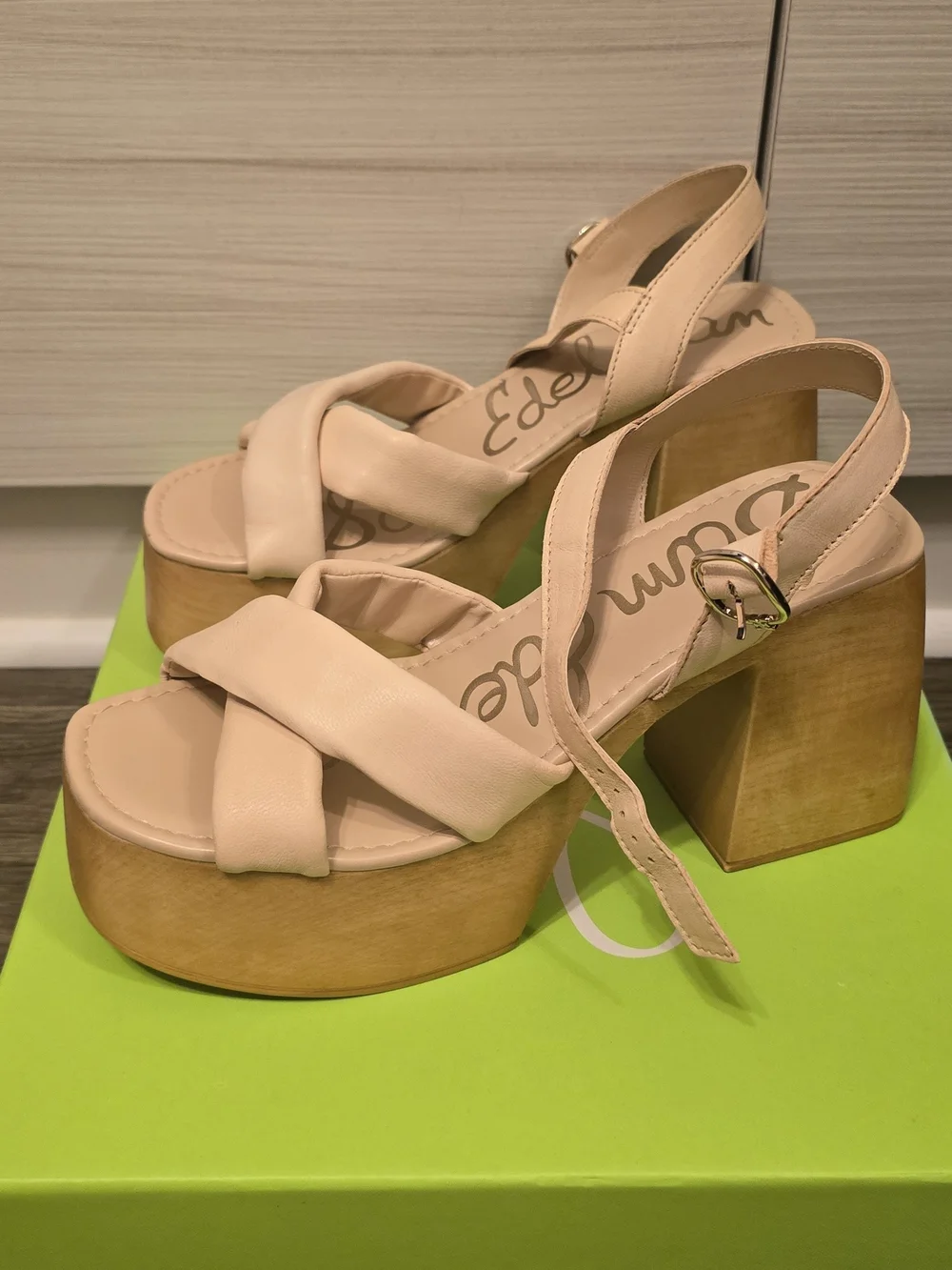 Sam Edelman Beige Nude Platform Sandal with Wood-Effect Block Heel